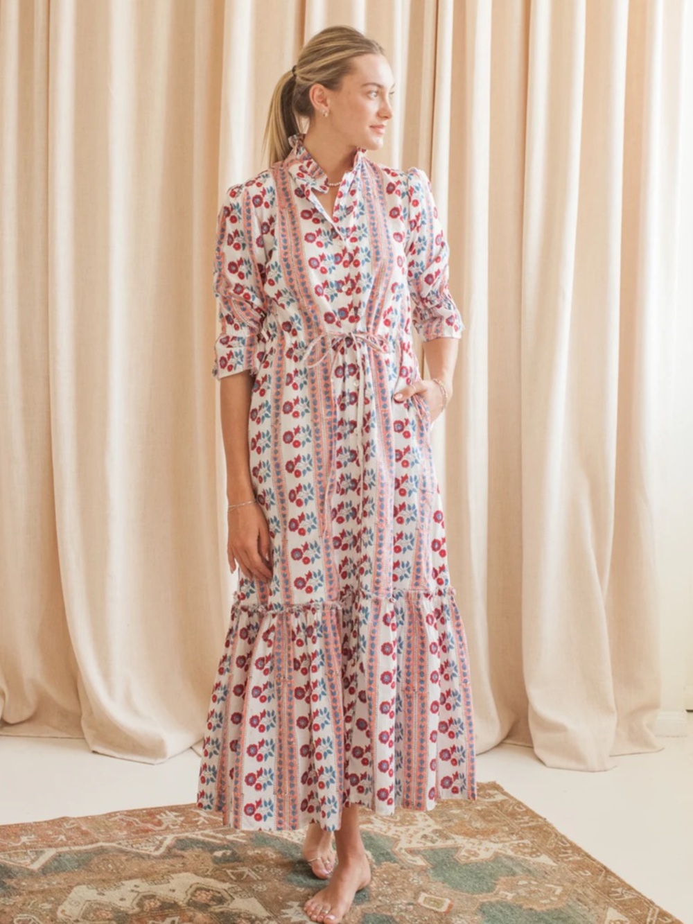 La Maison de Frederic - Uzes Dress Red Floral Tie-Waist Maxi - Size Small